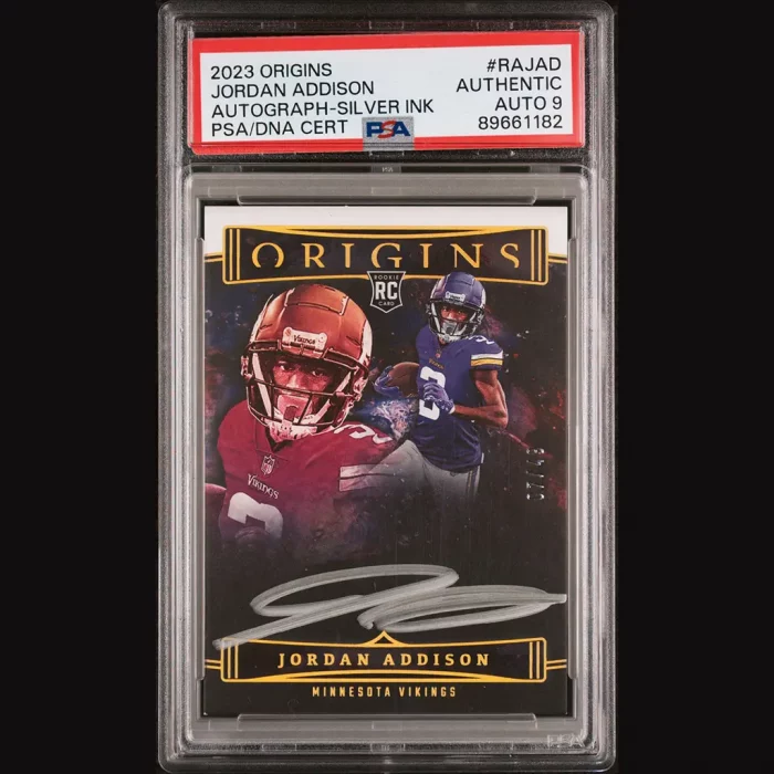 Jordan ADDISON - Carte NFL Panini Origins 2023 RC Vikings Auto On Card #7/49. PSA 9.