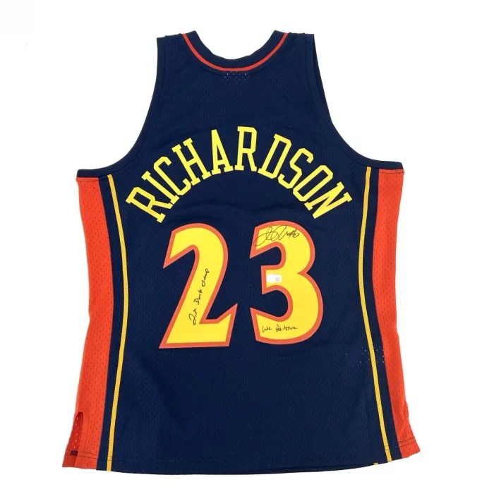Jason RICHARDSON - Maillot Mitchell&Ness Swingman Warriors signé et inscriptions. COA Beckett.